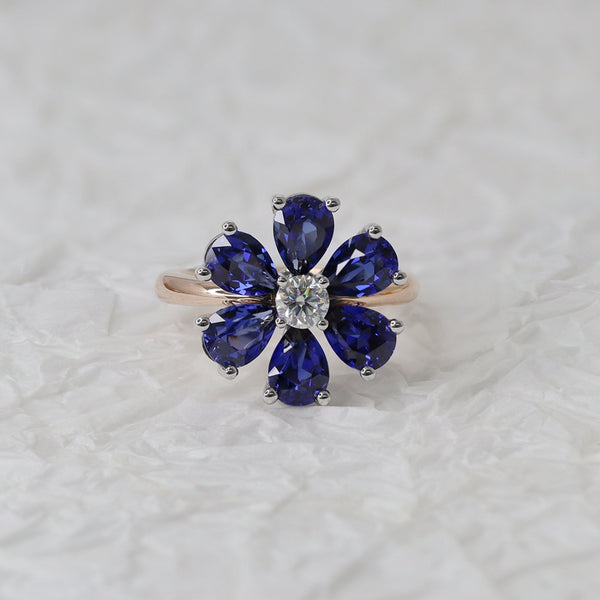 R0080-5x7mm Lab Grown Sapphire With Moissanite Flower Ring