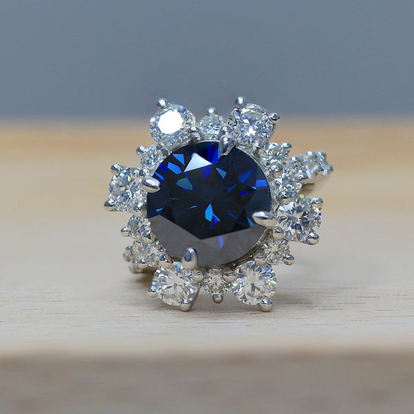 R0021- 5ct Round blue flower Moissanite Engagement Ring