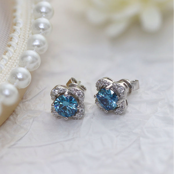 1CT+1CT Blue Round Moissanite Flower Earring Studs