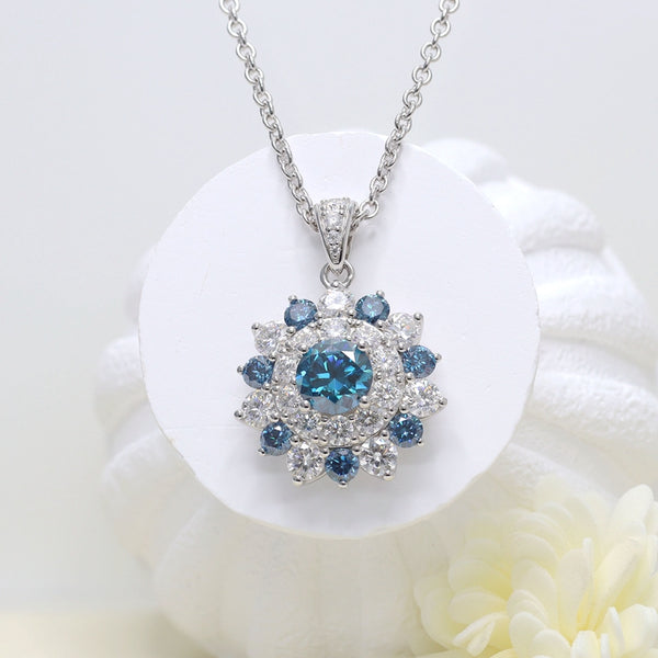 N018- 3ct Blue Round Moissanite Big Flower Necklace