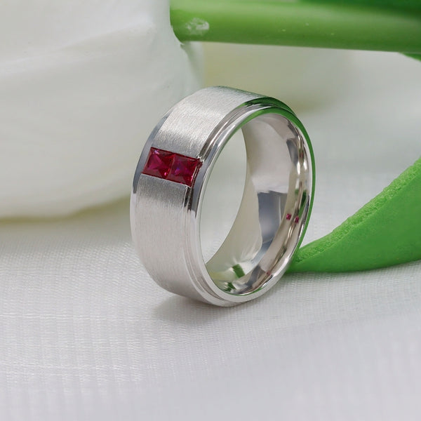 R00219-3x3mm Lab Grown Princess Ruby Men's Ring