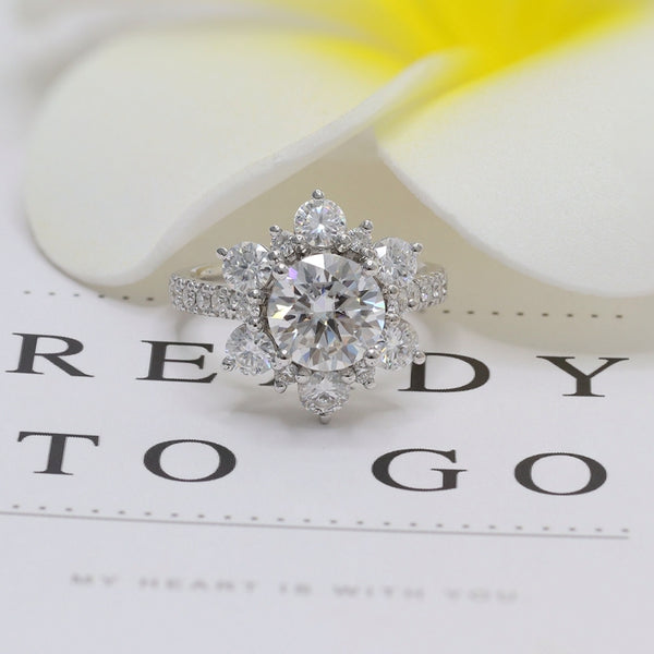 R00103-3CT Round Brilliant Cut Moissanite Flower Ring