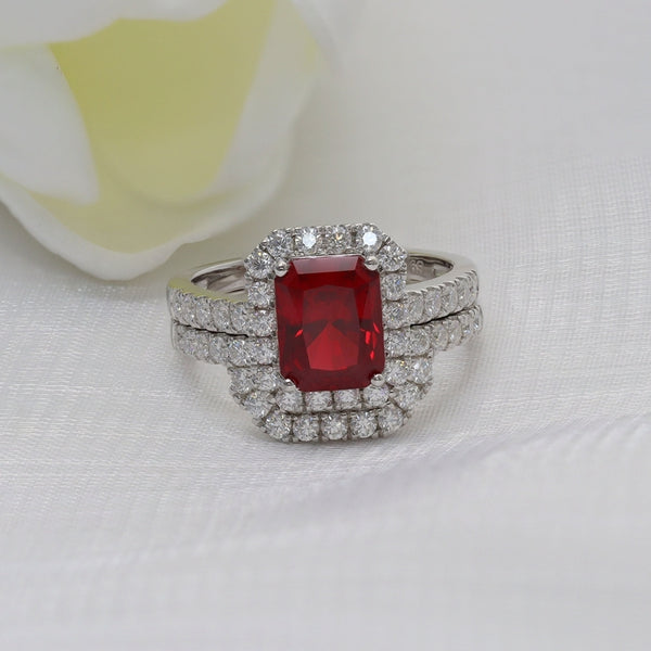 R00218-3CT Lab Grown Ruby Center With Moissanite Halo Ring