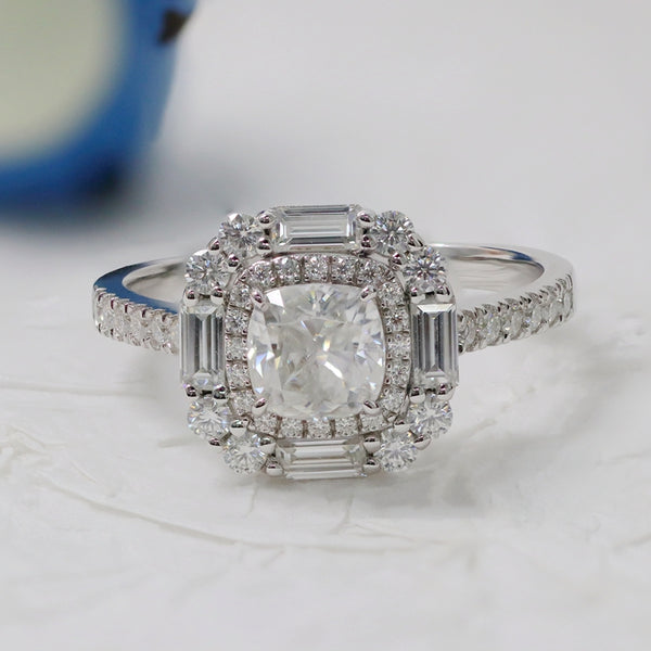 R00174-6x6mm Iced Crushed Cushion Center Moissanite Ring