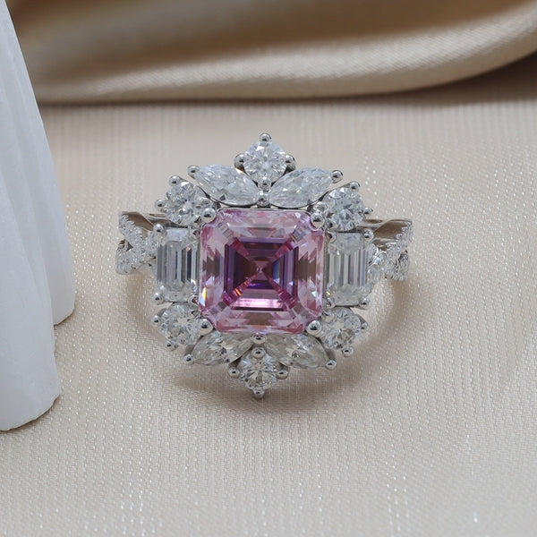 R00124-3CT 8.5mm Pink Asscher Center Moissanite Ring