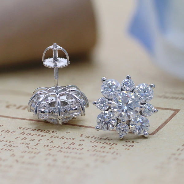 Center 1CT+1CT White Round Moissanite Sun Flower Earring Studs