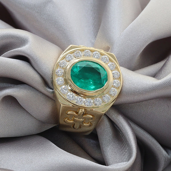 R00240-3.5CT Lab Grown Oval Emerald With Moissanite Men's Ring