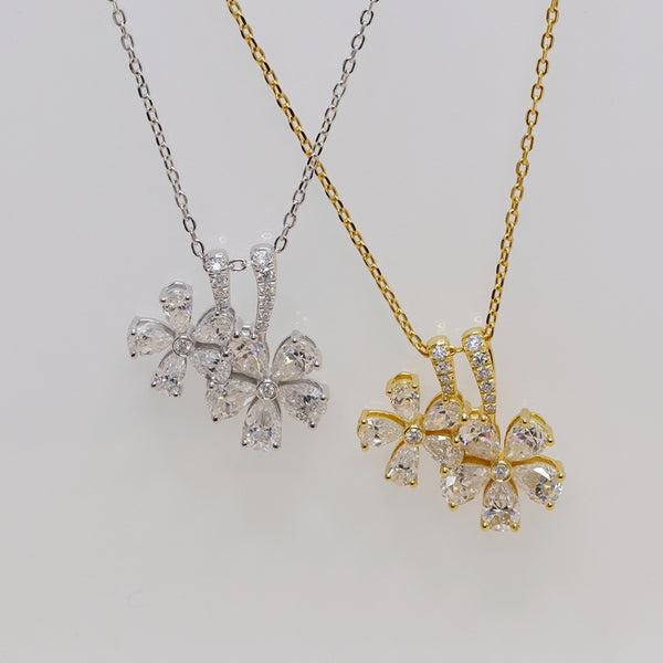 N051- Two Flower Design Moissanite Pendant Necklace