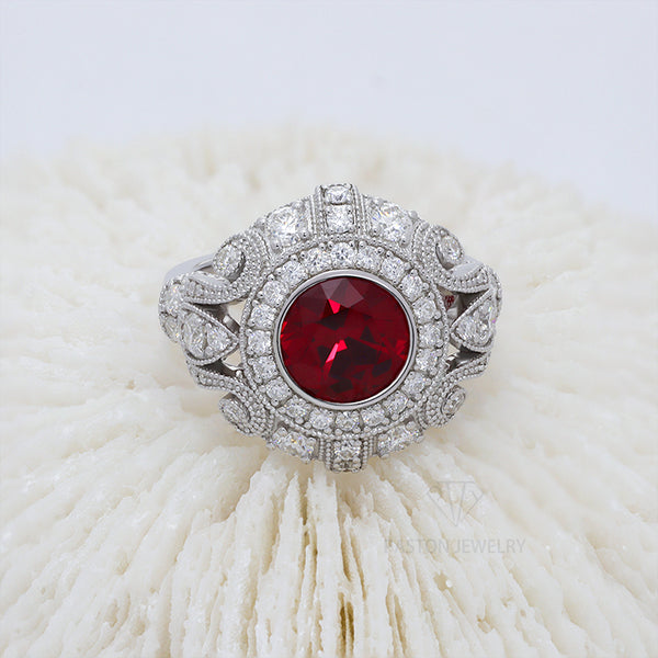 R00600-Paston Custom 3ct OMC Cut Lab Ruby With Moissanite Ring