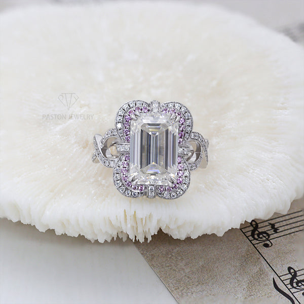 R00617-Paston Custom 8x12mm 5ct Emerald Cut DEF Moissanite Ring &Pink Sapphire Side Stones