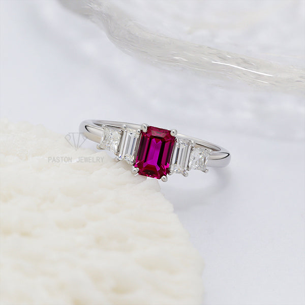 R00635-Paston Custom 4x6mm Emerald Cut Lab Ruby Center With Moissanite Ring
