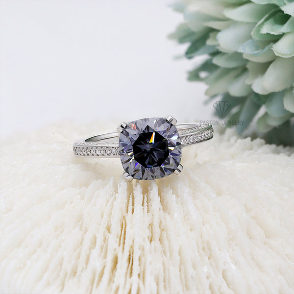R00636-Paston Custom 9x9mm 3.5ct Gray Cushion Moissanite Ring