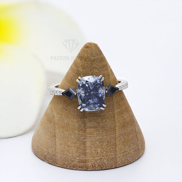 R00623-Paston Custom 7x9mm 3ct Blue Elongated Cushion&3x5mm Black Kite Moissanite Ring