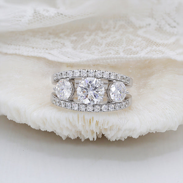 R00598-Paston Custom 6.5+8+6.5mm 1+2+1CT Round Moissanite Ring