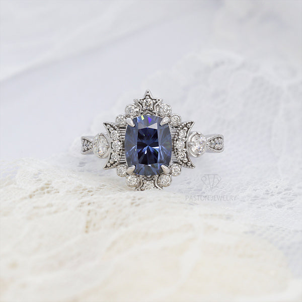 R00538-Paston Custom 3ct 7x9MM Blue Elongated Cushion Moissanite Ring