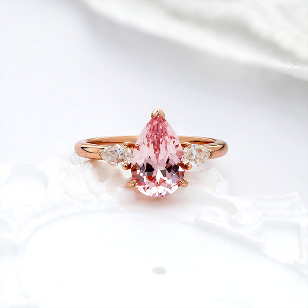 R00626-Paston Custom 8x12mm 4ct Pink Pear Lab Sapphire&4x6mm Moissanite Ring