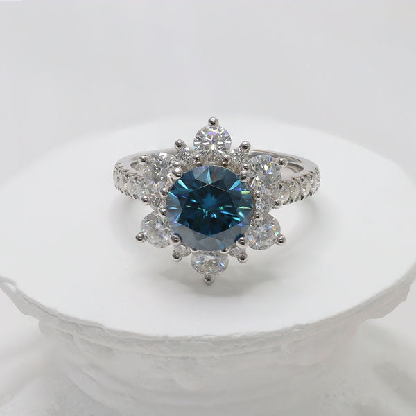 R00200-3CT Plate Blue Round Moissanite Flower Ring