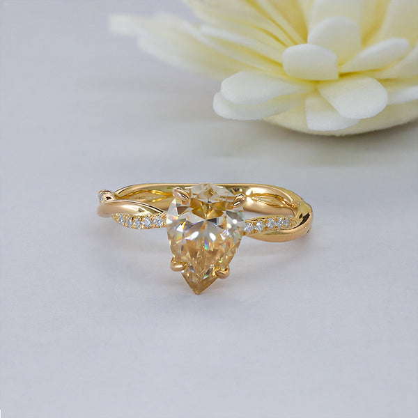 R00307-2ct Champagne Pear Moissanite Ring