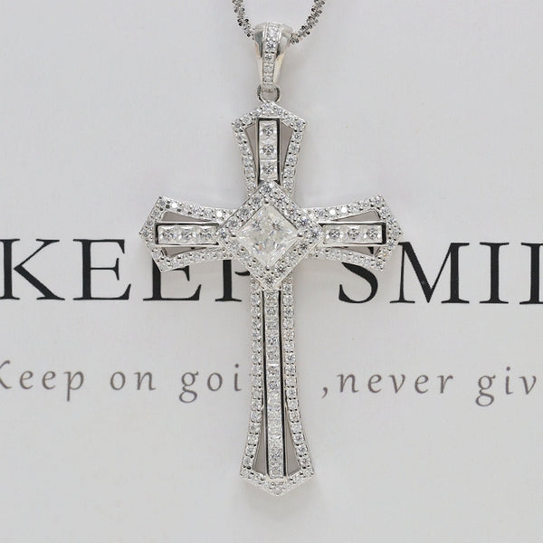 N0011- Moissanite 1CT Princess Cross Necklace