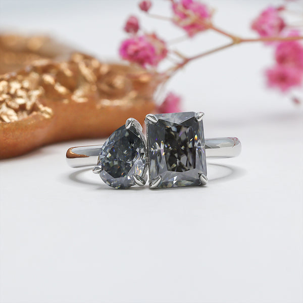 R00546-Paston Custom 6x8mm Pear &7x9mm 1.25&3ct Radiant Dark Gray Moissanite Ring
