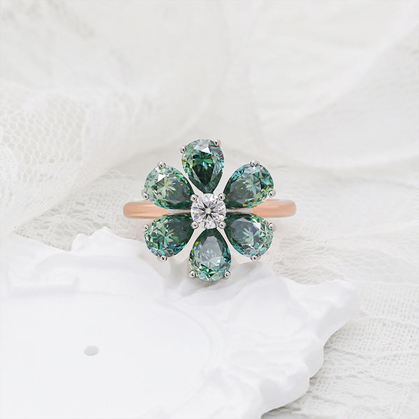 R00551-Paston Custom 5x7mm Green Pear Moissanite Flower Ring