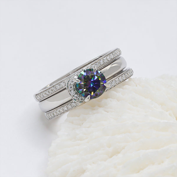 R00505-Paston Custom 1ct 6.5mm Rainbow Green Plated Color Moissanite Ring Set