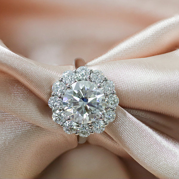 R00191-3CT 9mm Round Moissanite Flower Design Ring