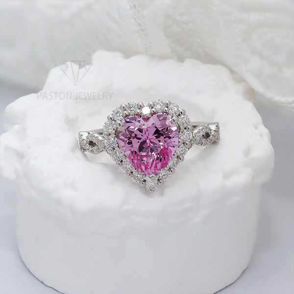 R00569-Paston Custom 9x9mm 3ct Pink Heart Lab Sapphire Ring