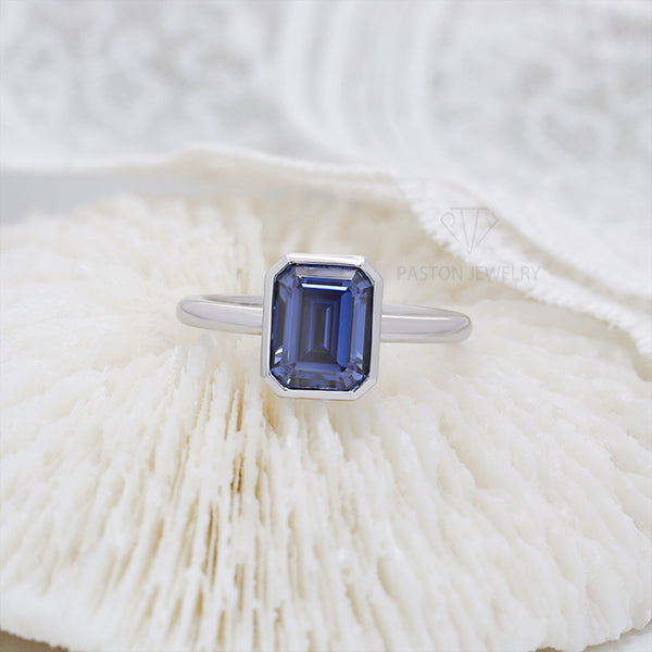 R00618-Paston Custom 7x9mm 3ct Emerald Cut Lab Sapphire Ring Bezel Setting