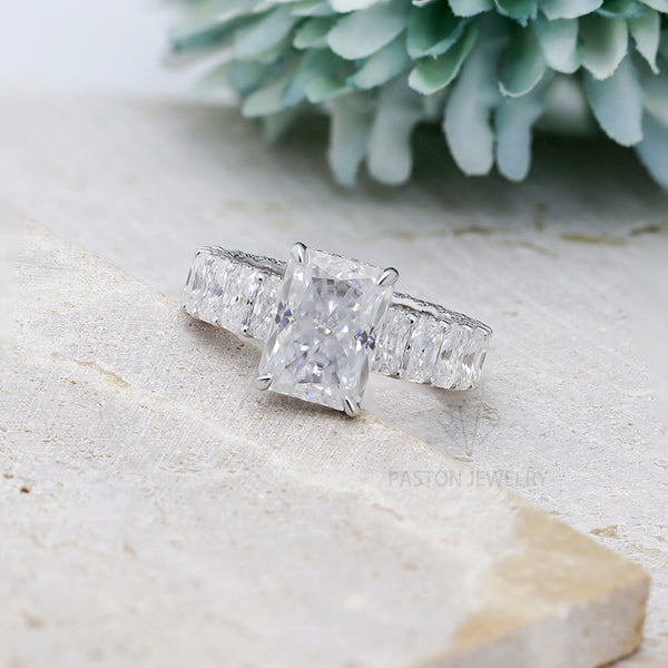 R00545-Paston Custom 9x12mm 6ct Radiant Cut Moissanite Ring 3x4mm Band Stones
