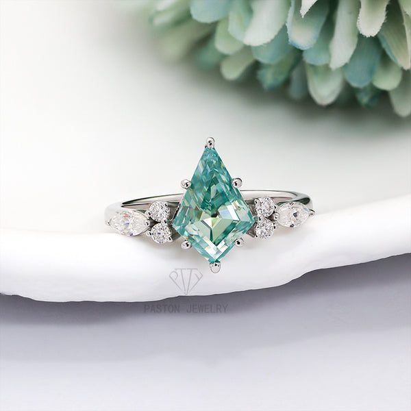 R00631-Paston Custom 8x12mm Kite Cut Blue Green Moissanite Ring