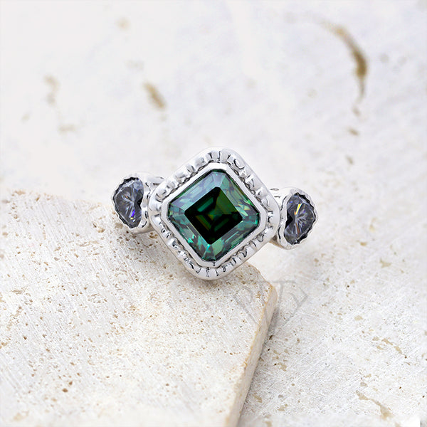 R00629-Paston Custom 8.5x8.5mm 3ct Green Asscher Moissanite&6x6mm Blue Heat Moissanite Ring