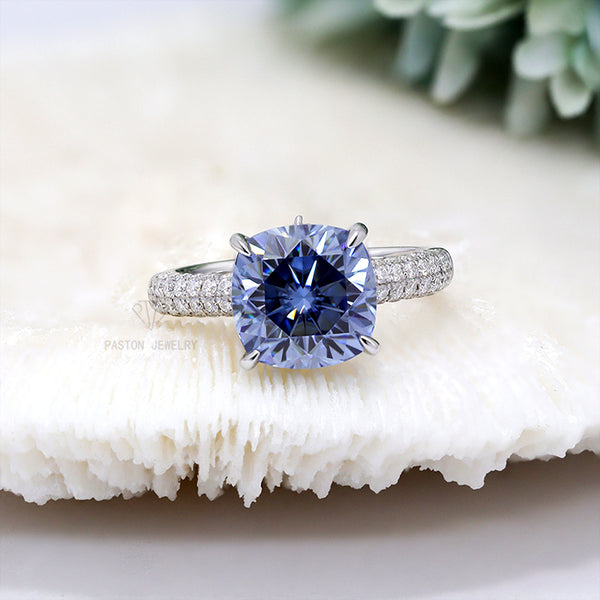 R00634-Paston Custom 9.5x9.5mm 4.5ct Square Blue Cushion Moissanite Ring
