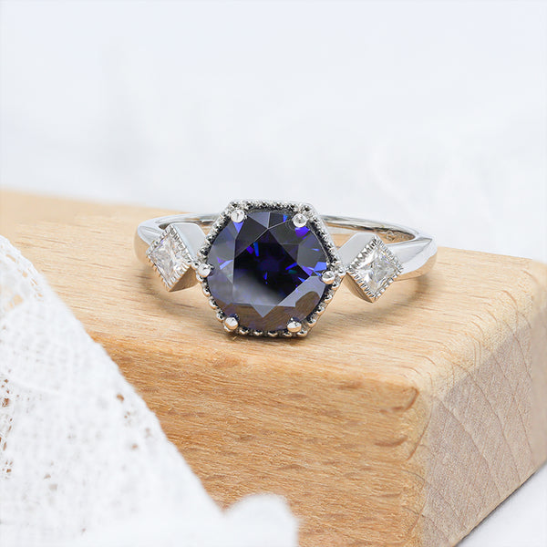 R00574-Paston Custom 2CT Round Blue Lab Sapphire&Moissanite Ring