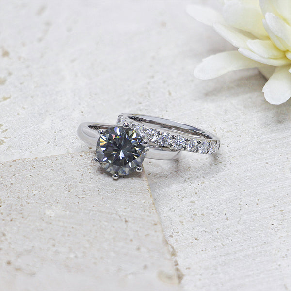 R00516-Paston Custom 3ct 9mm Gray Round Moissanite Ring Set