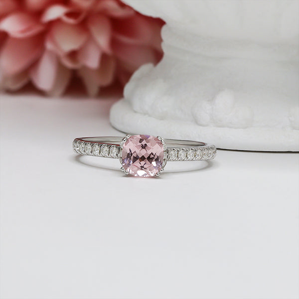 R00397-1ct Lab Grown Pink Sapphire Cushion Center Ring