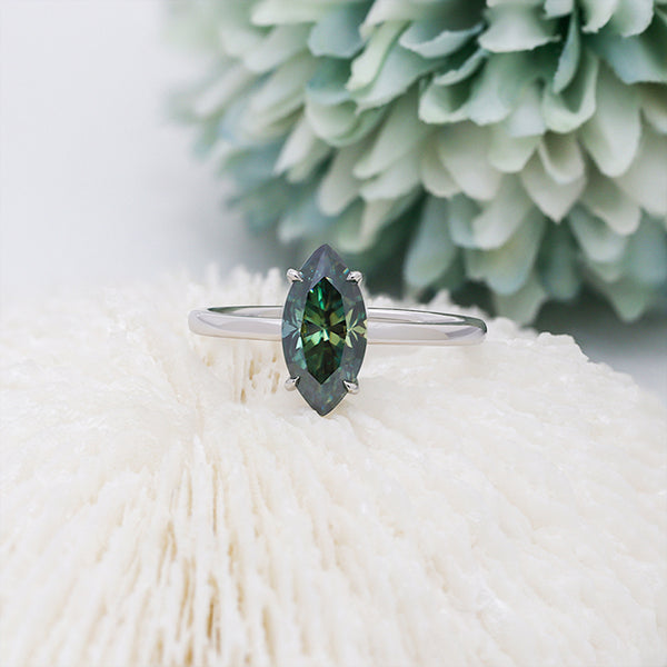 R00561-Paston Custom 6x12mm 2ct Marquise Cut Green Moissanite Solitaire Ring