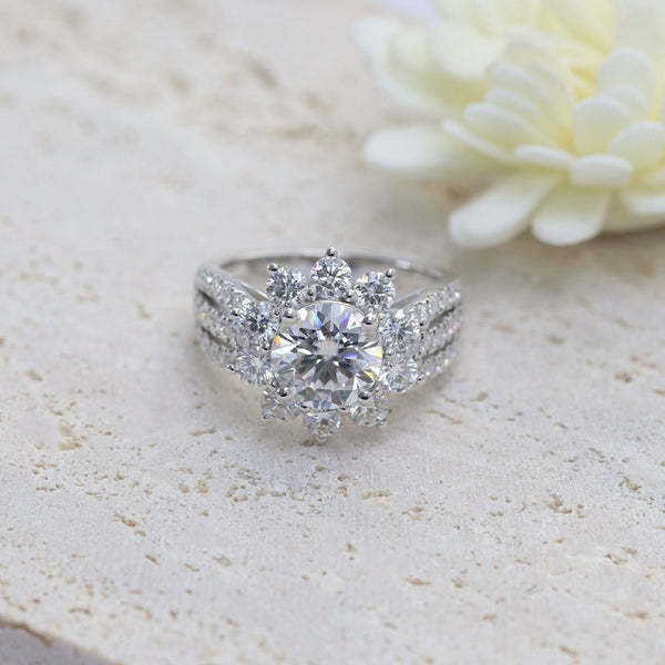 R00209-3ct Round Brilliant Cut Moissanite Flower Ring