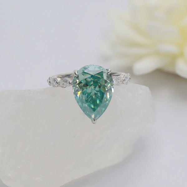 R00222-6CT Green Blue Pear Moissanite Ring