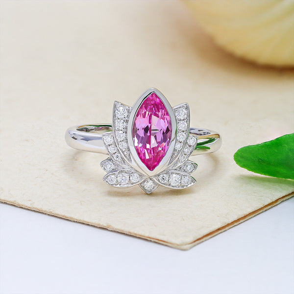 R00560-Paston Custom 5X10MM 1CT Pink Lab Sapphire With Moissanite Ring