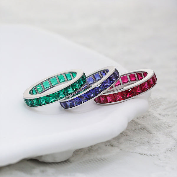 R00499-Paston Custom 3mm Princess Cut Lab Grown Ruby/Emerald/Sapphire Ring Band