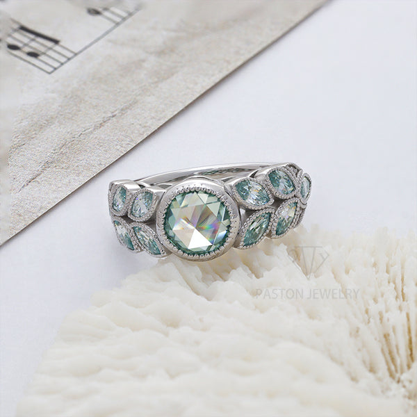 R00599-Paston Custom 8mm 2ct Blue Green Rose Cut Round Moissanite Ring